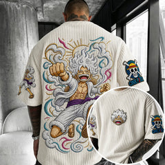 Premium Cotton-Blend Ribbed Knit T-Shirt with Anime Character Embroidery – Oversized Crewneck Streetwear Top