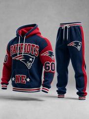 Vintage Football‐Inspired Print Long Sleeve Drawstring Tracksuit Hoodie Set