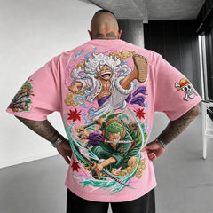Premium Cotton-Blend Ribbed Knit T-Shirt with Anime Character Embroidery – Oversized Crewneck Streetwear Top