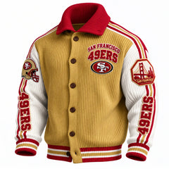 Rugby-print Knit Cardigan With A Button-up Stand Collar