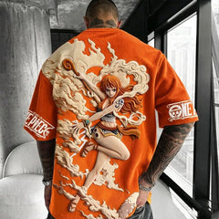 Unisex Anime-Style Retro Corduroy Oversized T-Shirt