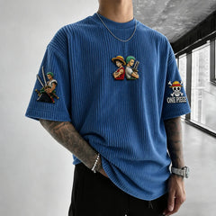 Premium Cotton-Blend Ribbed Knit T-Shirt with Anime Character Embroidery – Oversized Crewneck Streetwear Top