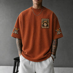 Premium Cotton-Blend Corduroy T-Shirt with Embroidered Patch – Oversized Graphic Tee for Casual Streetwear