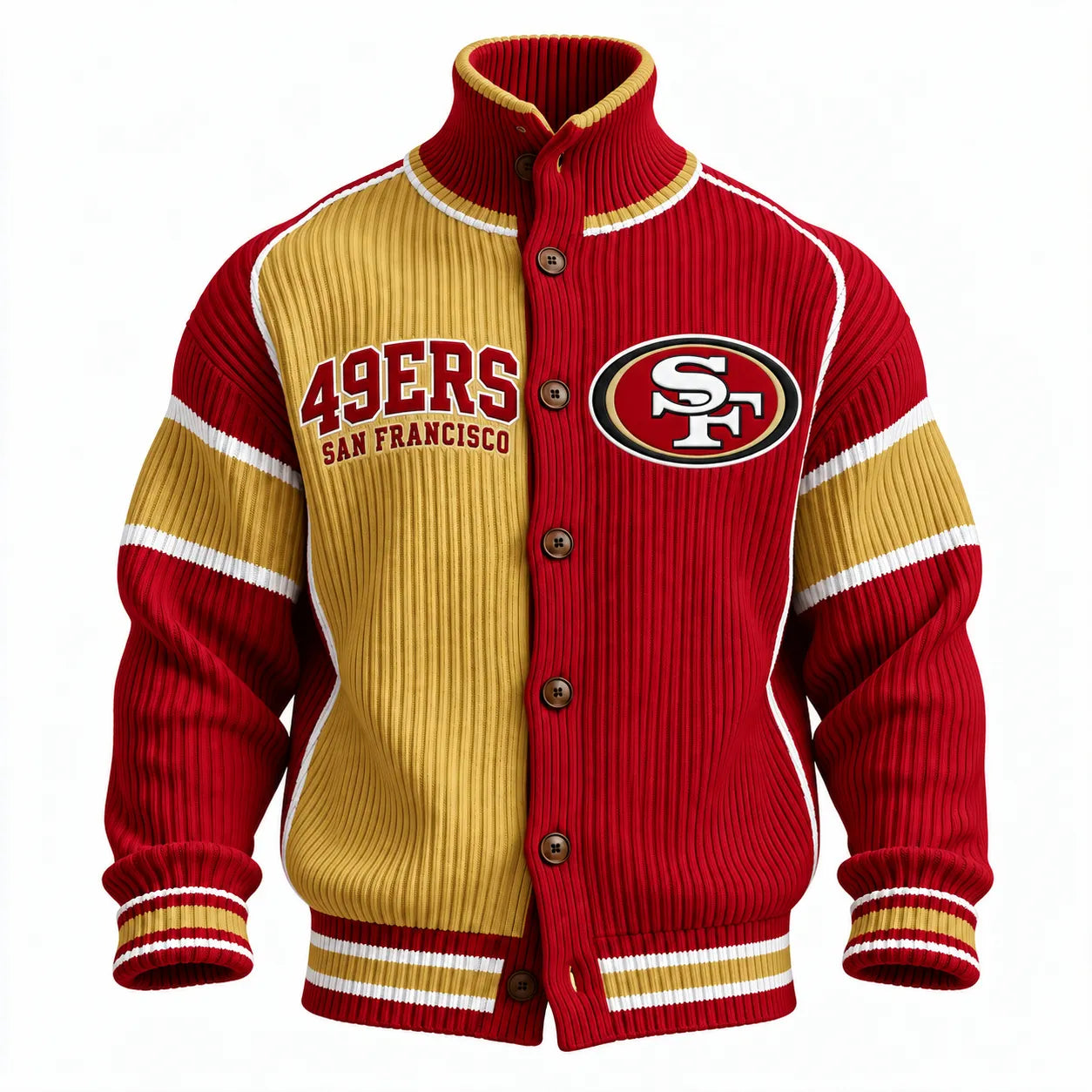 Rugby-print Knit Cardigan With A Button-up Stand Collar