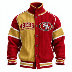 Rugby-print Knit Cardigan With A Button-up Stand Collar
