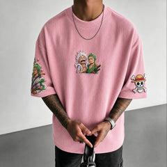 Premium Cotton-Blend Ribbed Knit T-Shirt with Anime Character Embroidery – Oversized Crewneck Streetwear Top