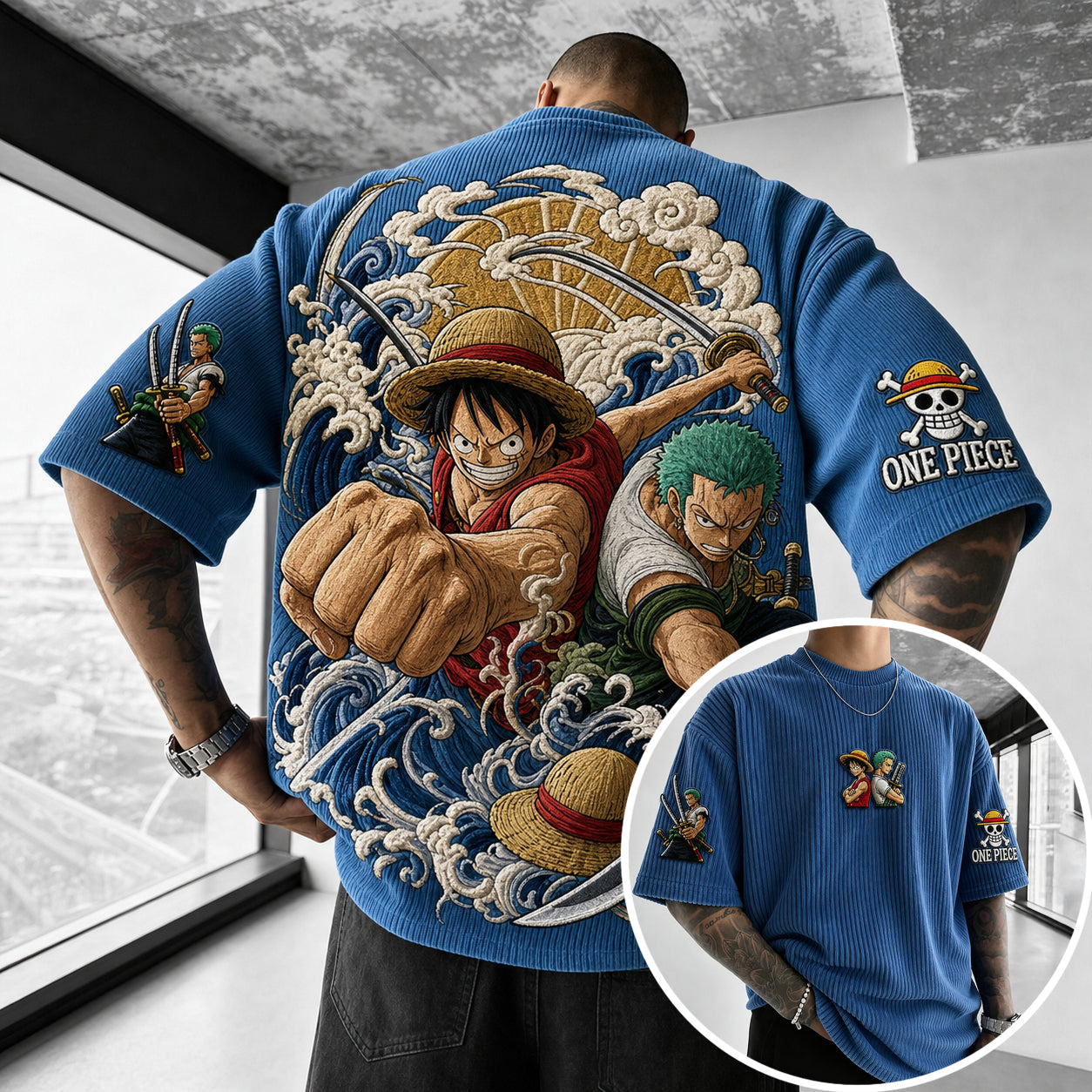 Premium Cotton-Blend Ribbed Knit T-Shirt with Anime Character Embroidery – Oversized Crewneck Streetwear Top