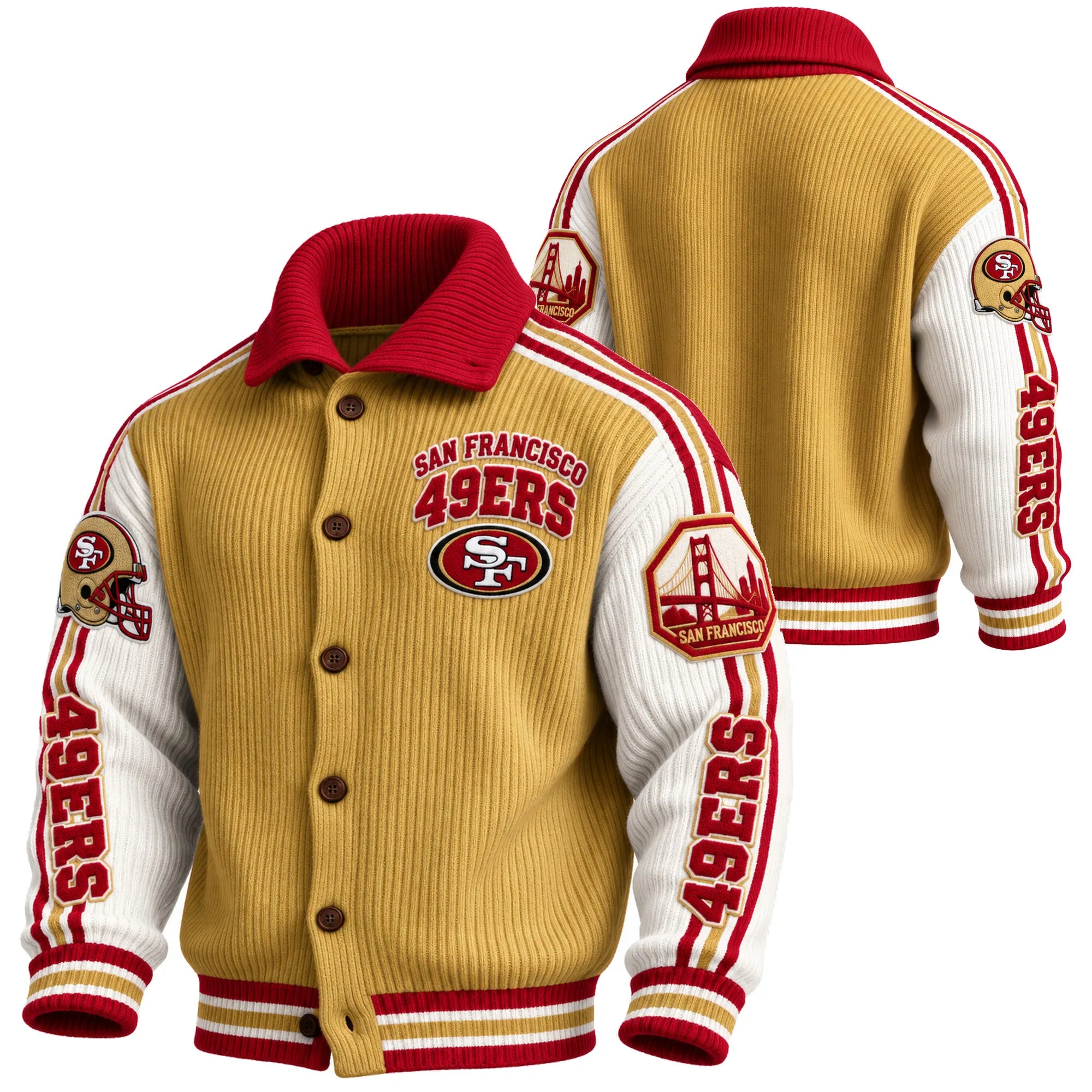 Rugby-print Knit Cardigan With A Button-up Stand Collar
