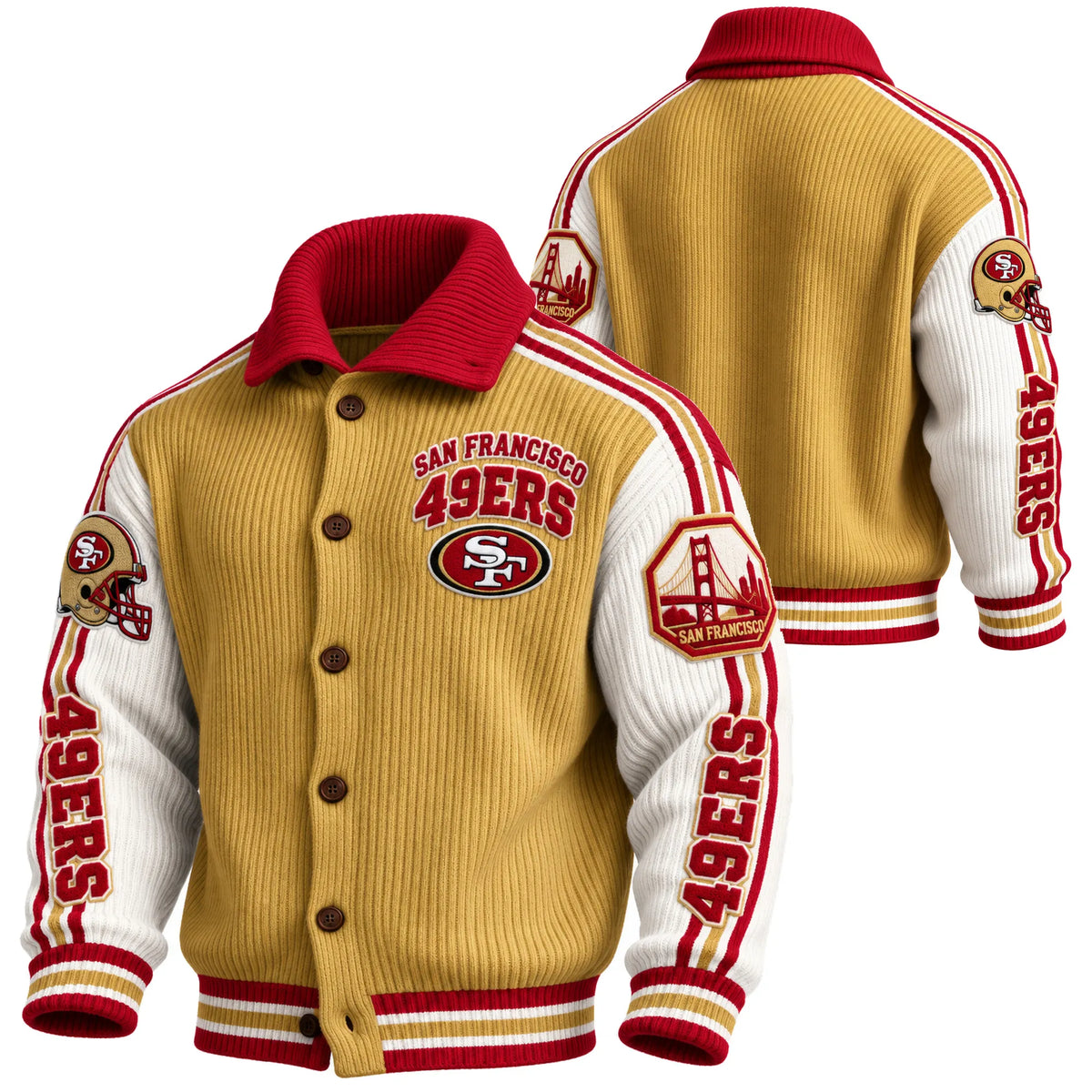Rugby-print Knit Cardigan With A Button-up Stand Collar