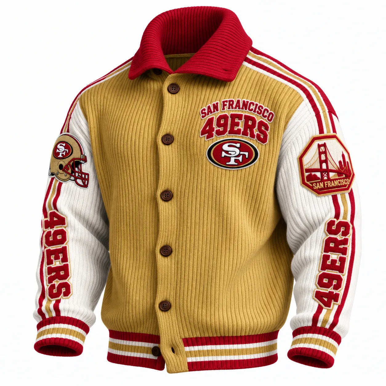 Rugby-print Knit Cardigan With A Button-up Stand Collar