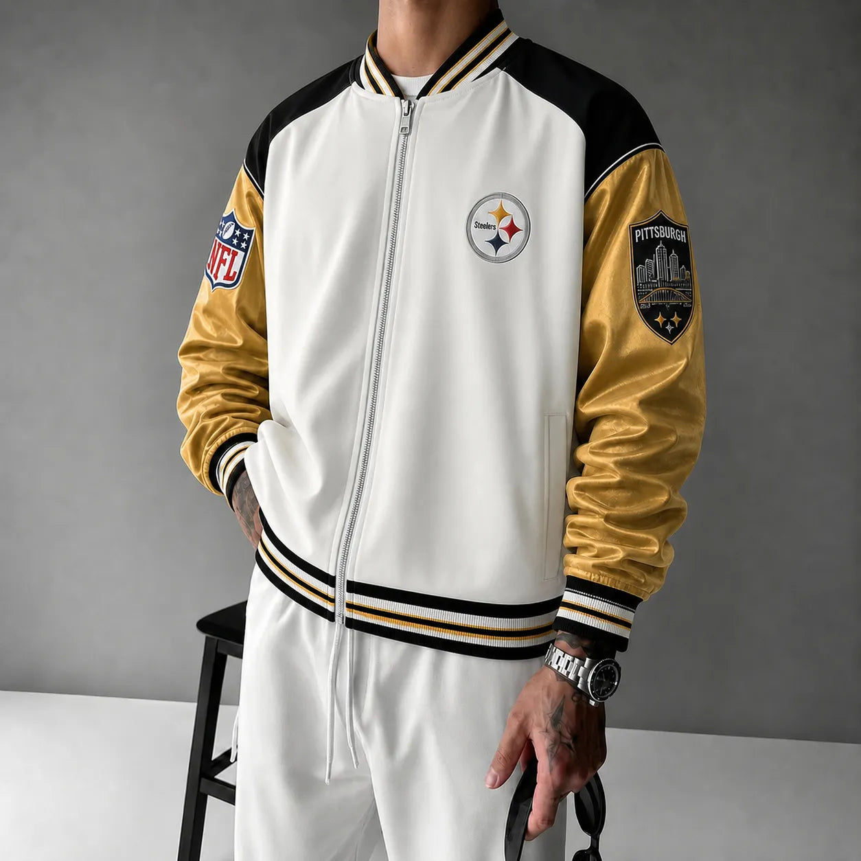 Rugby-print Zip-up Jacket With A Baseball Collar